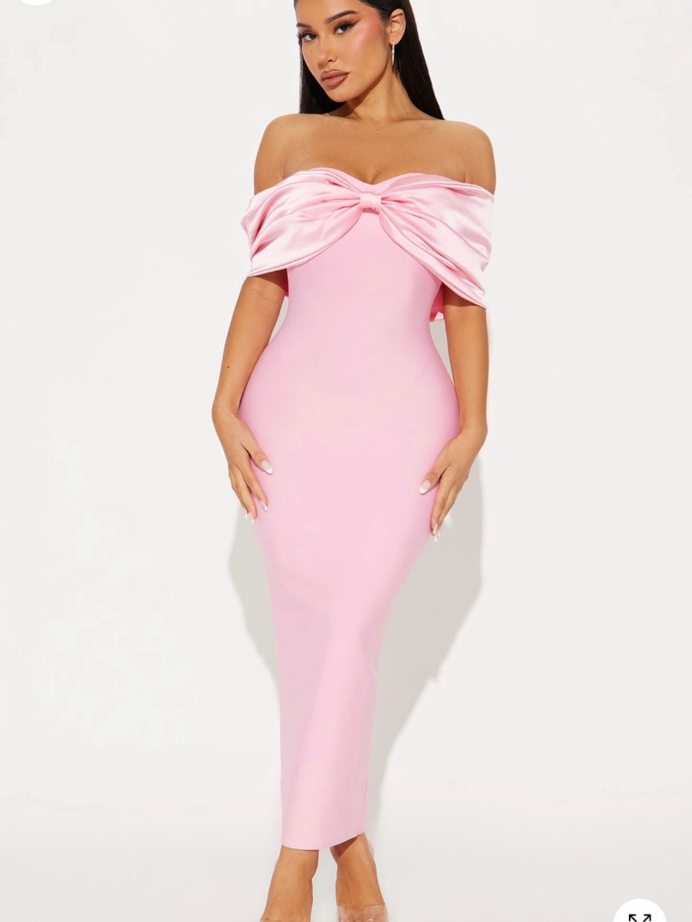 Fashion Nova Off-Shoulder Pink Satin Bow Midi Dress